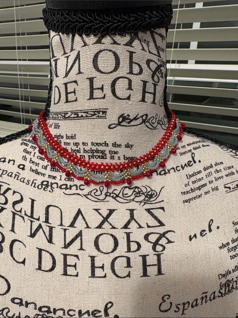 Red and Light Blue Beaded Layered Choker Necklace